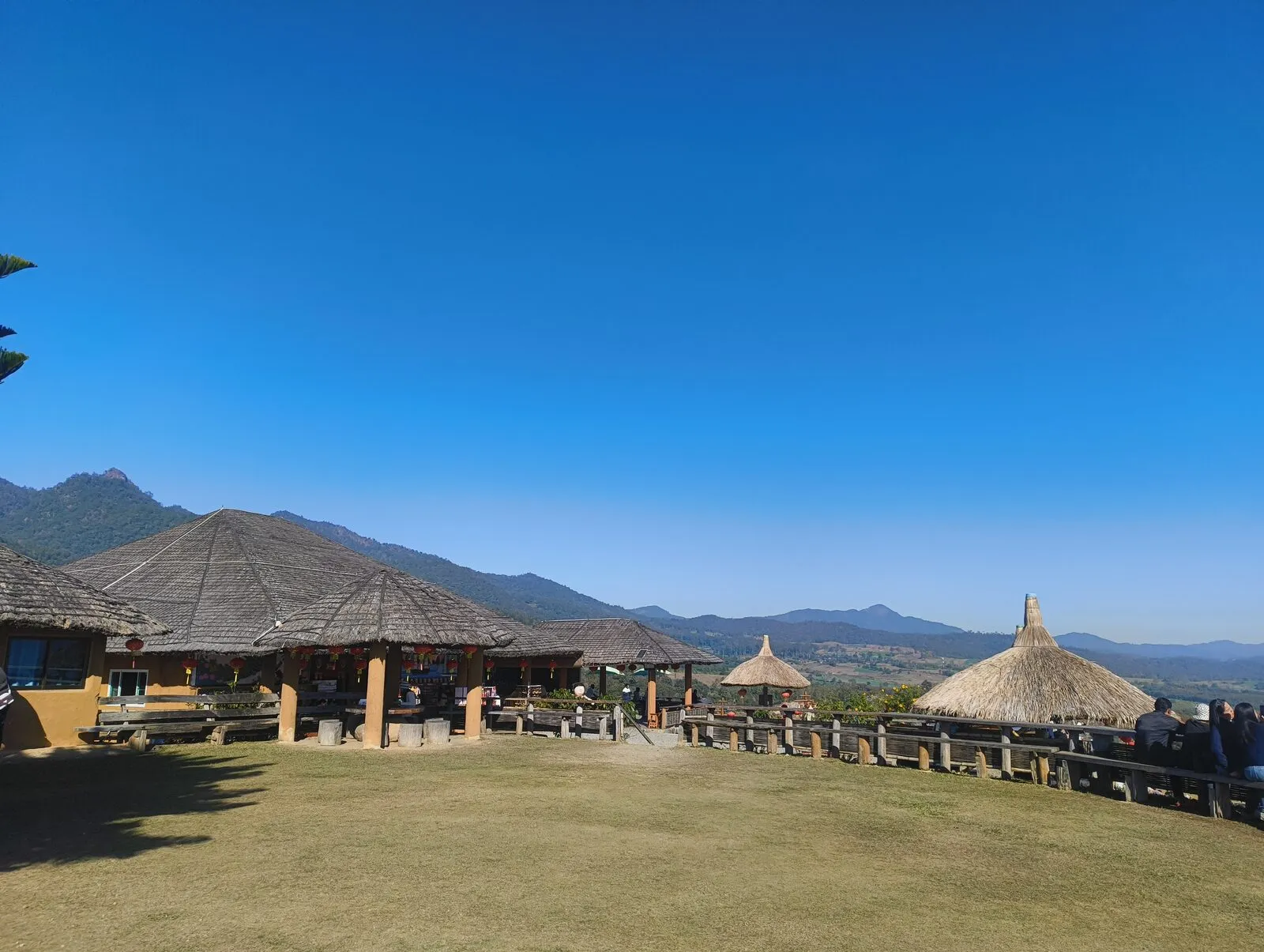 Thatched-roof huts around a green lawn under a clear blue sky