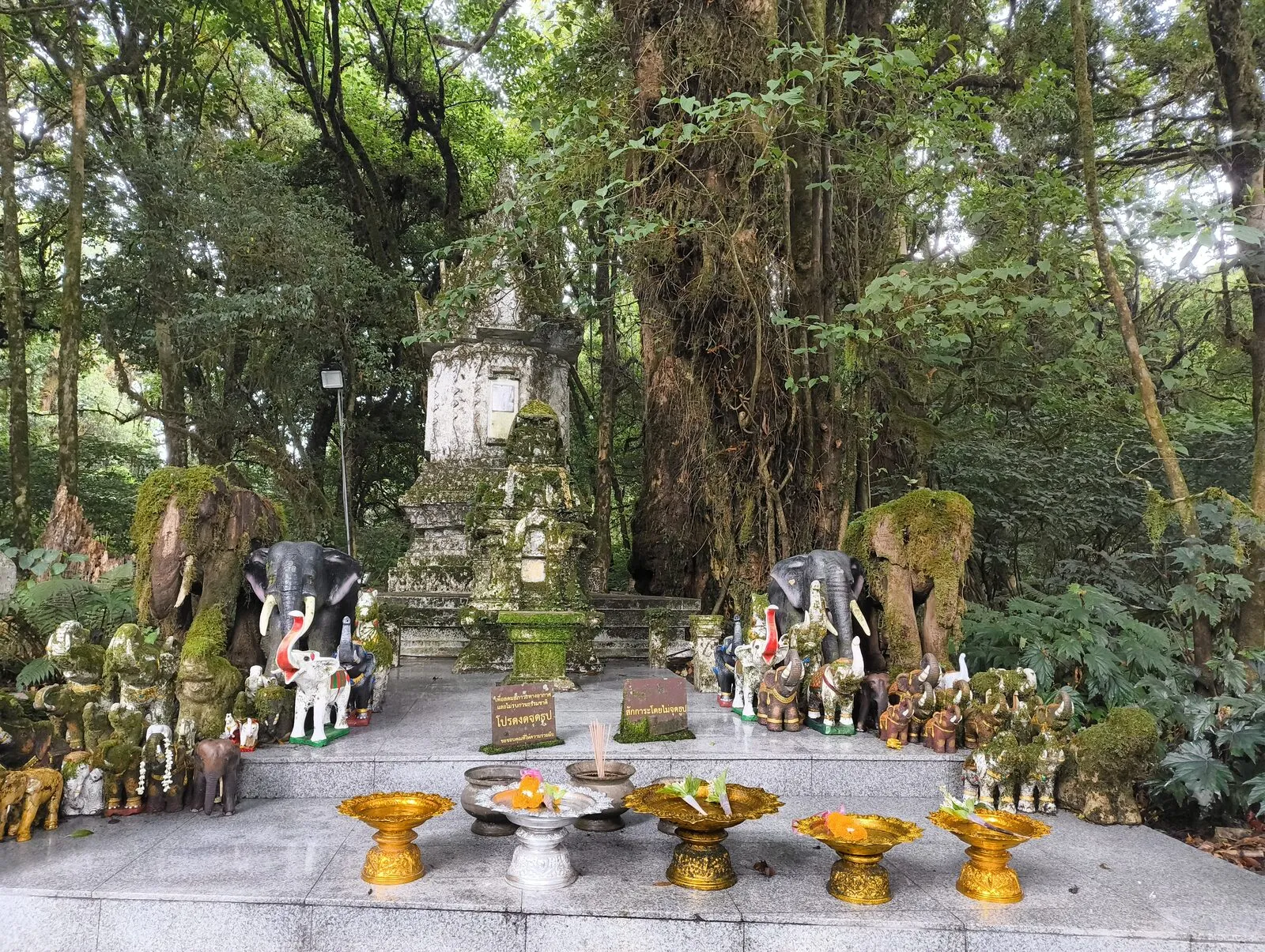 A small forest shrine surrounded by statues, flowers and golden offering bowls