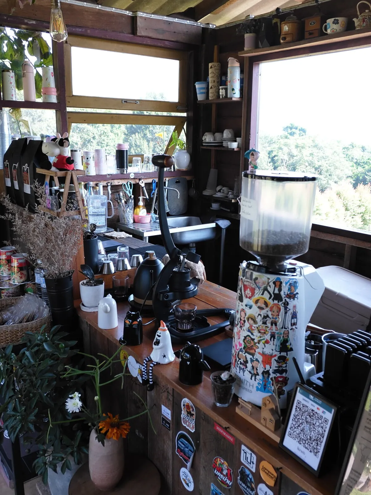 A café counter filled with plants, coffee equipment and small objects