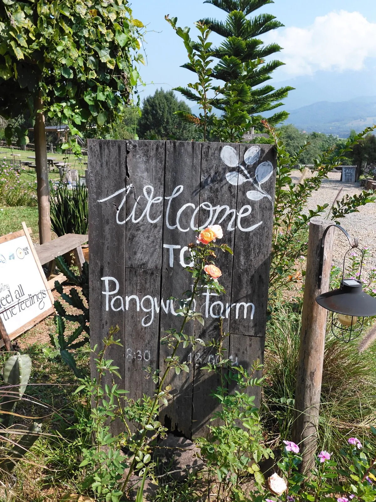 A wooden farm sign surrounded by trees and flowers